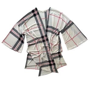 Lime & Chili Women’s M Cream Black Red Plaid Open Kimono Sleeves Cardigan LT5222